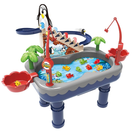 Juguete de pesca magnético eléctrico para niños, juego multifuncional con forma de pingüino, color naranja y azul.