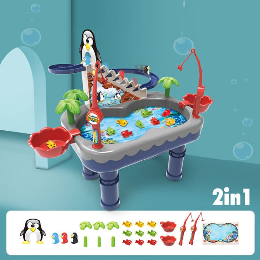 Juguete de pesca magnético eléctrico para niños, juego multifuncional con forma de pingüino, color naranja y azul.
