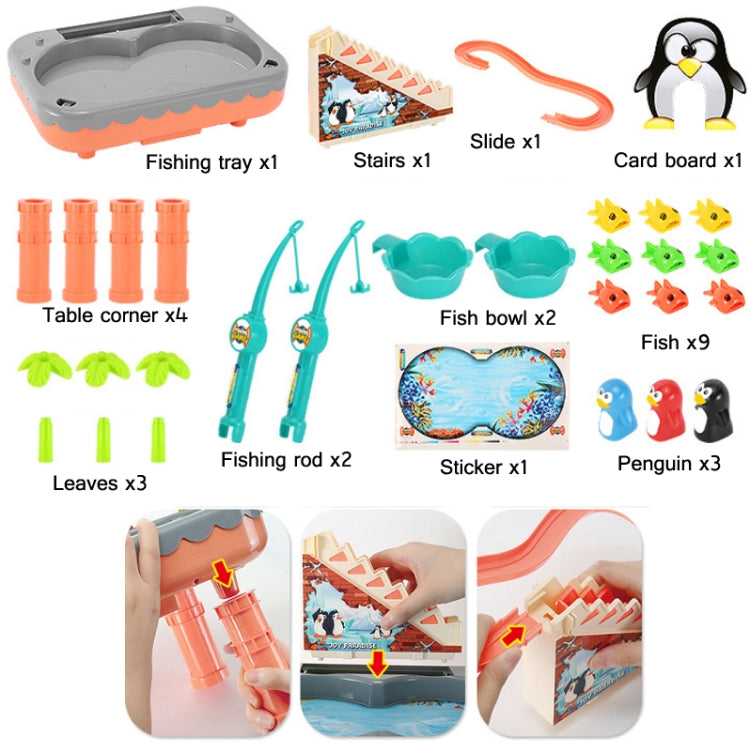 Penguin Stair Climbing Children Electric Magnetic Fishing Toy Multifunctional Game Set, Orange, Blue