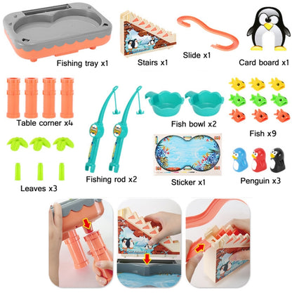 Penguin Stair Climbing Children Electric Magnetic Fishing Toy Multifunctional Game Set, Orange, Blue