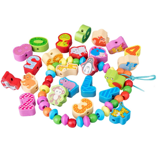 Jouets à enfiler pour enfants, perles cognitives en bois pour l'éducation précoce, 60 pièces / Ensemble Chiffres+Animaux