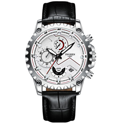 FNGEEN 5055 Men Waterproof Sports Fashion Stainless Steel Watch, Black Steel Black Surface, White Steel Black Surface, White Steel White Surface, Black Leather Black Steel Black Surface, Black Leather White Steel Black Surface                          ...
