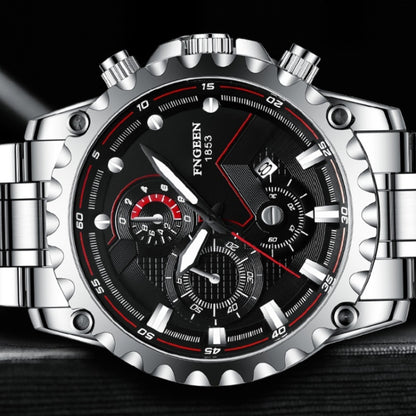 FNGEEN 5055 Men Waterproof Sports Fashion Stainless Steel Watch, Black Steel Black Surface, White Steel Black Surface, White Steel White Surface, Black Leather Black Steel Black Surface, Black Leather White Steel Black Surface                          ...