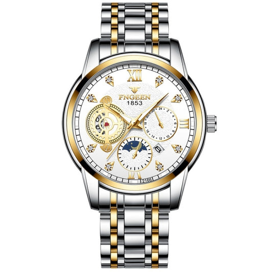 Montre électronique de sport FNGEEN 2166 pour homme, à trois cadrans, à quartz creux, idéale pour les étudiants. Disponible en acier noir, cadran noir et clous dorés, cadran noir et or, cadran bleu et or, cadran blanc et or, cadran blanc et acier, cadran blanc et acier bleu…