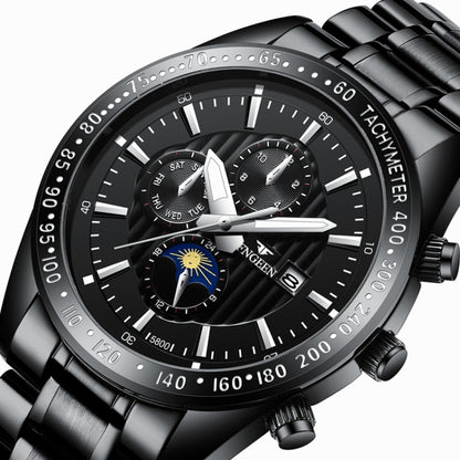 FNGEEN 5800 Men Three Eyes and Six Pins Watch Student Quartz Watch, Black Steel Black Surface, Black Steel White Surface, White Steel Black Surface, White Steel White Surface, Black Leather Black Steel Black Surface                                     ...