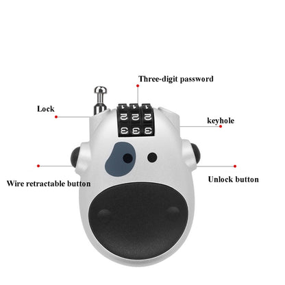 Portable Bicycle Motorcycle Anti-Theft Lock Telescopic Wire Lock Cartoon Cow Password Lock, Cow Password Lock(Black), Cow Password Lock(Silver)