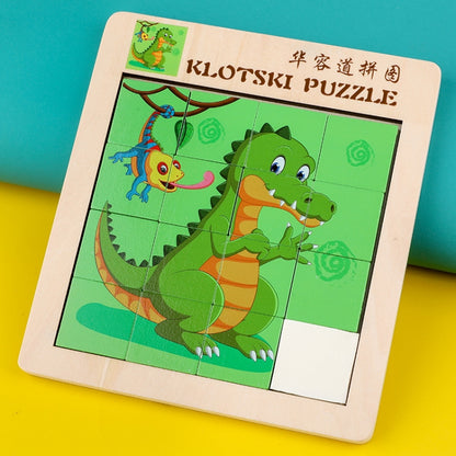 2 PCS Cartoon Animal Double-Sided Klotski Puzzle Children Wooden Toy Early Education Jigsaw Puzzle, Rabbit, Dolphin, Giraffe, Dinosaur, Elephant, Panda, Unicorn, Fox, White Bear, Zebra, Lion, Tiger