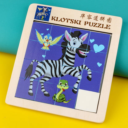 2 PCS Cartoon Animal Double-Sided Klotski Puzzle Children Wooden Toy Early Education Jigsaw Puzzle, Rabbit, Dolphin, Giraffe, Dinosaur, Elephant, Panda, Unicorn, Fox, White Bear, Zebra, Lion, Tiger