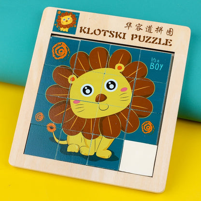 2 PCS Cartoon Animal Double-Sided Klotski Puzzle Children Wooden Toy Early Education Jigsaw Puzzle, Rabbit, Dolphin, Giraffe, Dinosaur, Elephant, Panda, Unicorn, Fox, White Bear, Zebra, Lion, Tiger