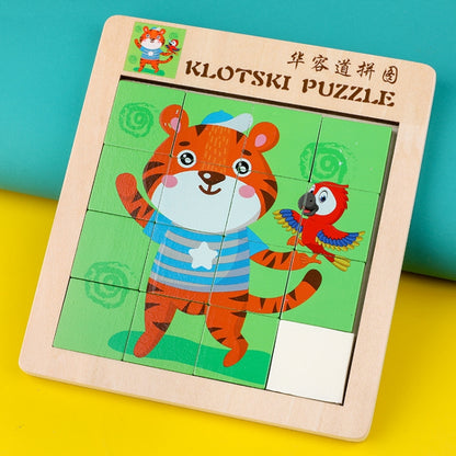 2 PCS Cartoon Animal Double-Sided Klotski Puzzle Children Wooden Toy Early Education Jigsaw Puzzle, Rabbit, Dolphin, Giraffe, Dinosaur, Elephant, Panda, Unicorn, Fox, White Bear, Zebra, Lion, Tiger