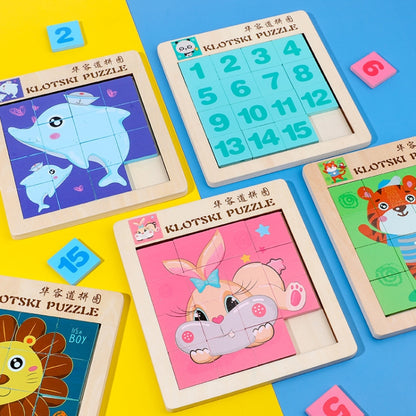 2 PCS Cartoon Animal Double-Sided Klotski Puzzle Children Wooden Toy Early Education Jigsaw Puzzle, Rabbit, Dolphin, Giraffe, Dinosaur, Elephant, Panda, Unicorn, Fox, White Bear, Zebra, Lion, Tiger