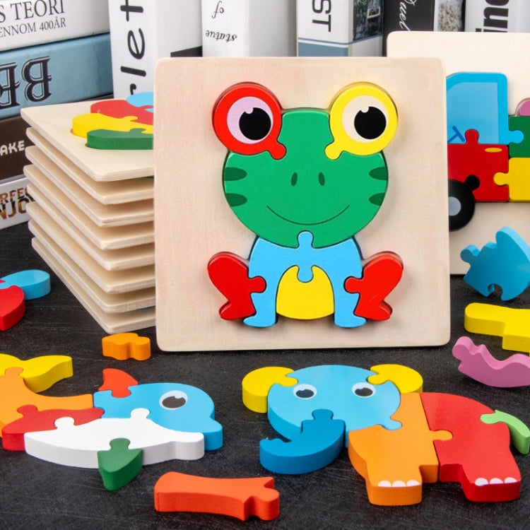 5 PCS Wooden Cartoon Animal Puzzle Early Education Small Jigsaw Puzzle Building Block Toy For Children, Frog, Duck, Elephant, Shell, Small Fish, Goldfish, Dolphin, Puppy, Little Donkey, Goat, Muck Truck, Rocket, Steamship, Aircraft, Panda, Calf