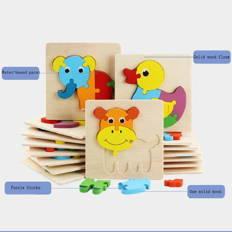 5 PCS Wooden Cartoon Animal Puzzle Early Education Small Jigsaw Puzzle Building Block Toy For Children, Frog, Duck, Elephant, Shell, Small Fish, Goldfish, Dolphin, Puppy, Little Donkey, Goat, Muck Truck, Rocket, Steamship, Aircraft, Panda, Calf
