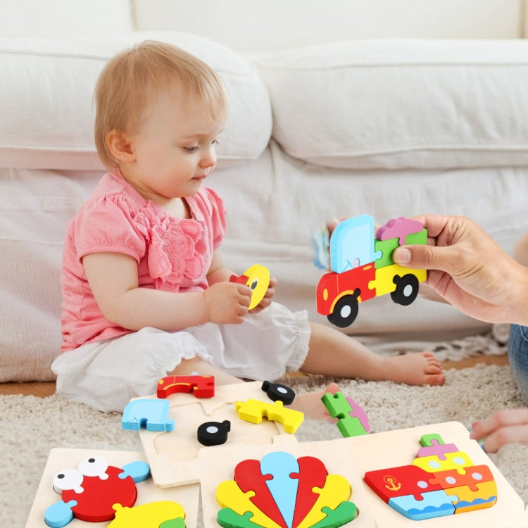 5 PCS Wooden Cartoon Animal Puzzle Early Education Small Jigsaw Puzzle Building Block Toy For Children, Frog, Duck, Elephant, Shell, Small Fish, Goldfish, Dolphin, Puppy, Little Donkey, Goat, Muck Truck, Rocket, Steamship, Aircraft, Panda, Calf