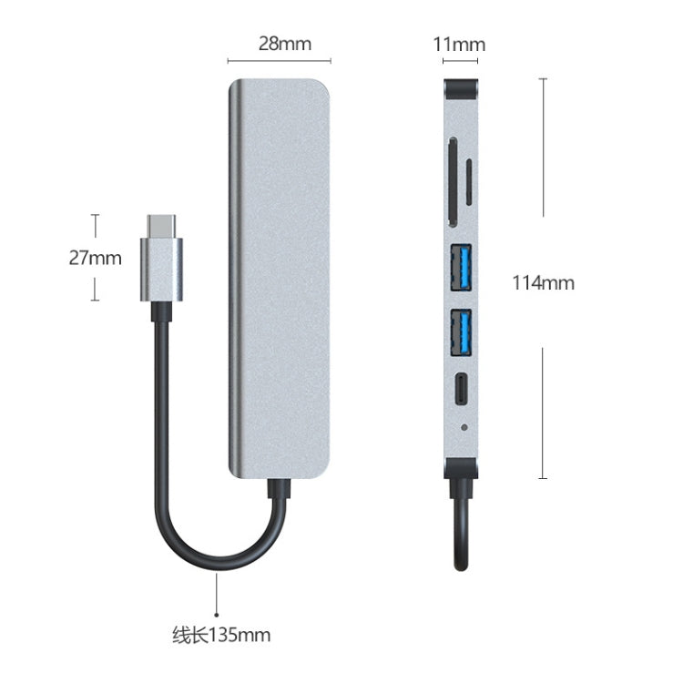 6 In 1 USB-C / Type-C To 4K HDMI + SD / TF Card Slot + PD USB-C / Type-C Charging + 2 USB 3.0 Ports Multifunctional HUB Docking Station, 6 In 1