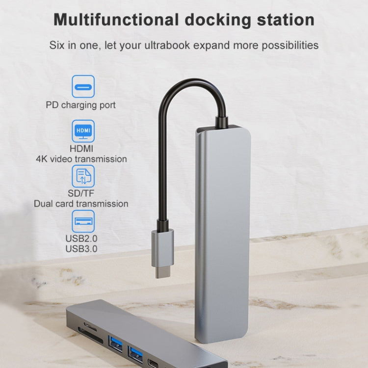 6 In 1 USB-C / Type-C To 4K HDMI + SD / TF Card Slot + PD USB-C / Type-C Charging + 2 USB 3.0 Ports Multifunctional HUB Docking Station, 6 In 1
