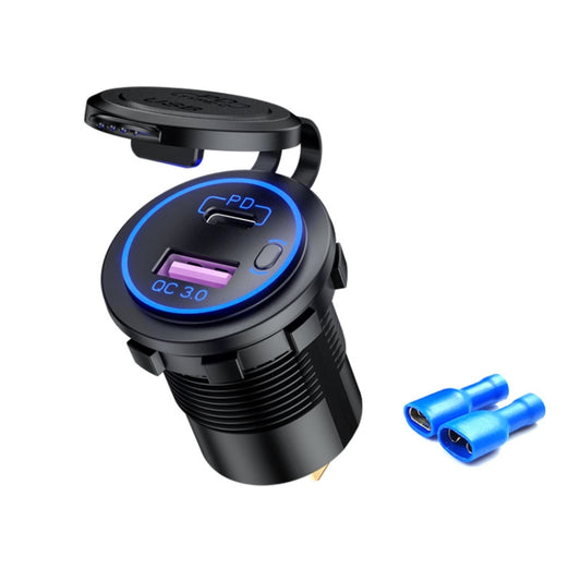 Chargeur USB modifié pour voiture, moto et bateau, étanche, charge rapide PD + QC3.0, voyants bleu, rouge et vert avec connecteur, câble de 60 cm avec voyants bleu, rouge et vert.