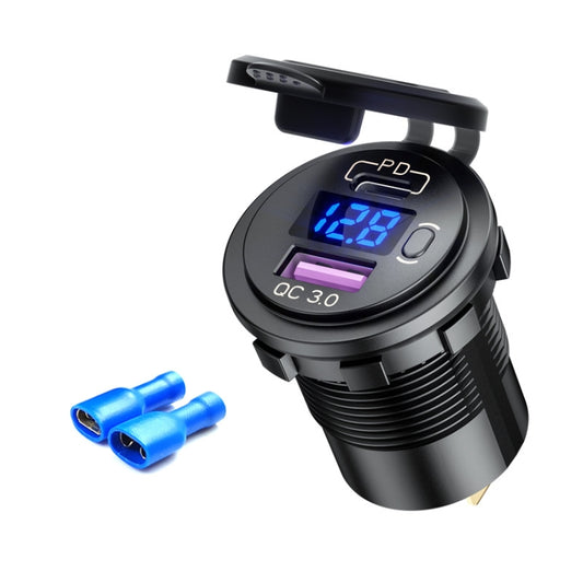 Chargeur USB 12 V pour voiture modifié avec affichage de la tension, prise PD QC3.0, voyants lumineux bleu, rouge et vert sur les bornes, câble de 60 cm avec voyants lumineux bleu, rouge et vert.