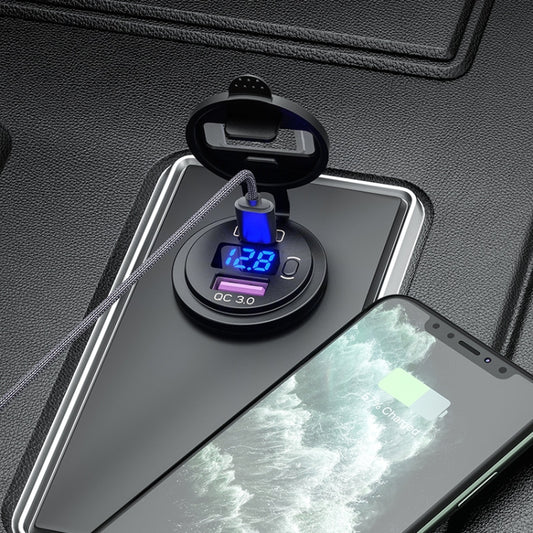 Chargeur USB 12 V pour voiture modifié avec affichage de la tension, prise PD QC3.0, voyants lumineux bleu, rouge et vert sur les bornes, câble de 60 cm avec voyants lumineux bleu, rouge et vert.