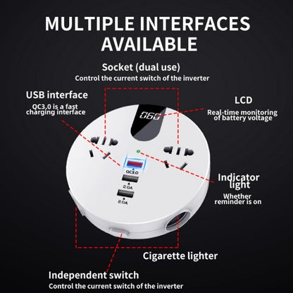QC3.0 Car 12V 24V To 110V 220V Multi-function Inverter, White Round, Black Round