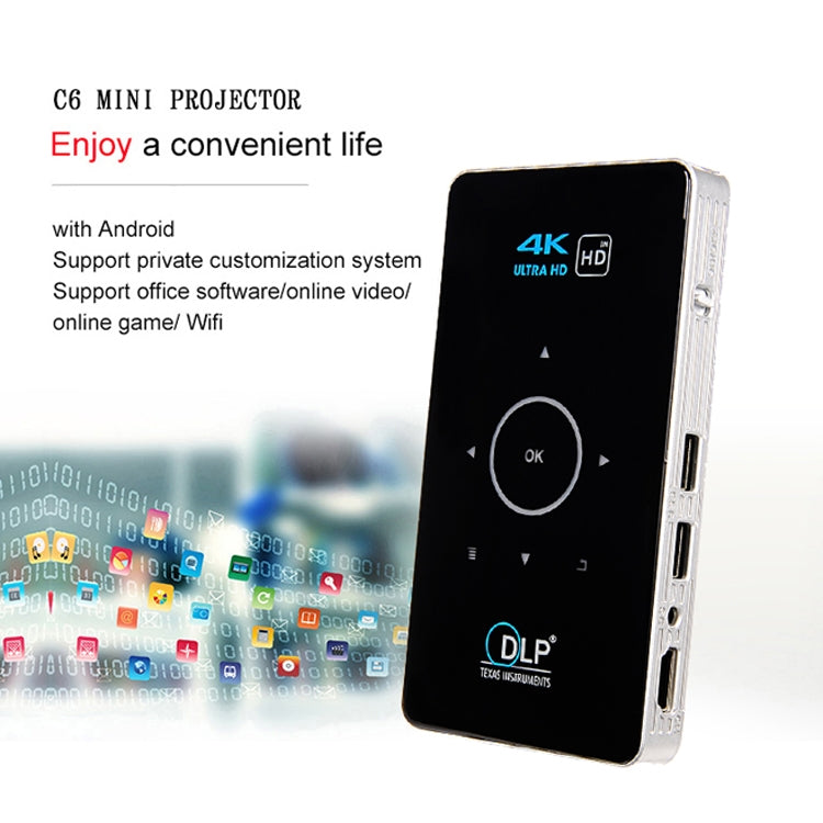 C6 1G+8G Android System Intelligent DLP HD Mini Projector Portable Home Mobile Phone Projector，