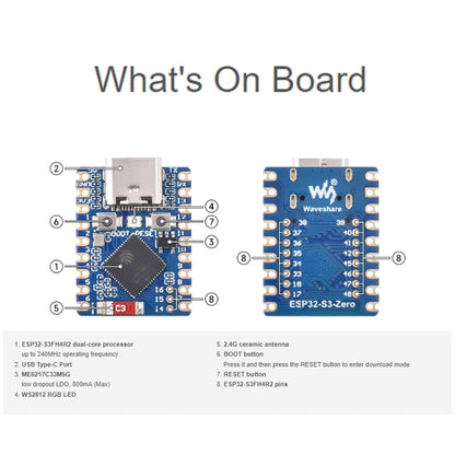 Waveshare ESP32-S3 Mini Development Board, Based On ESP32-S3FH4R2 Dual-Core Processor, without Header, with Header