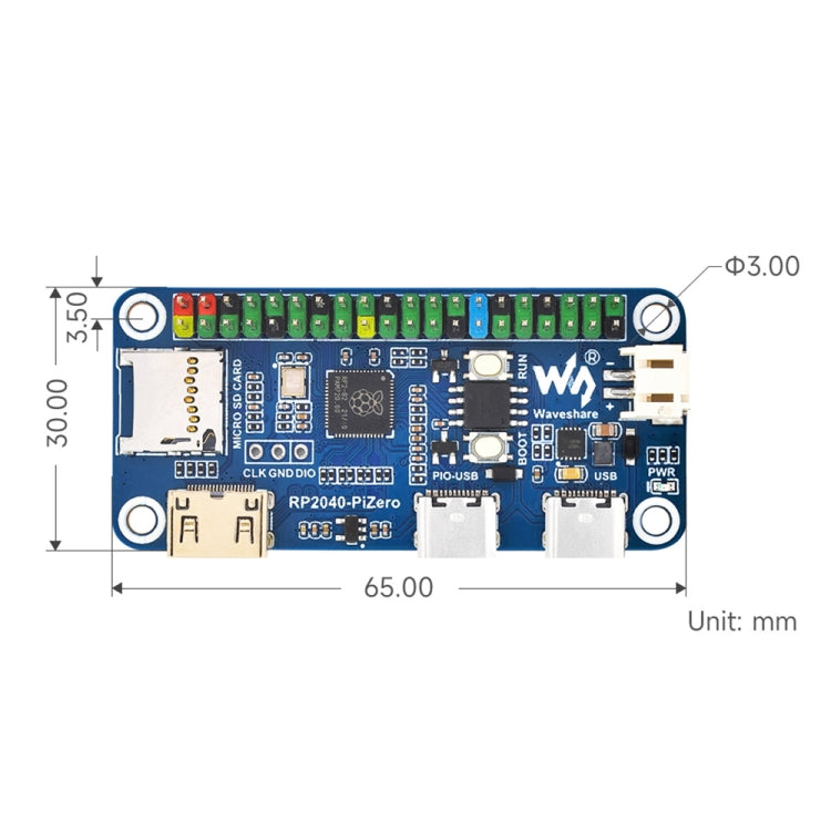 Carte de développement Waveshare 25506 RP2040-PiZero, Basée sur Raspberry Pi RP2040, 264 Ko de SRAM et 16 Mo, RP2040-PiZero avec connecteur HE.