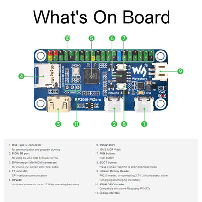 Carte de développement Waveshare 25506 RP2040-PiZero, Basée sur Raspberry Pi RP2040, 264 Ko de SRAM et 16 Mo, RP2040-PiZero avec connecteur HE.