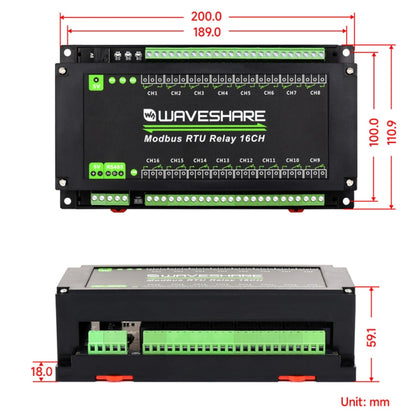 Waveshare 24921 Modbus RTU 16-Ch Relay Module, RS485 Interface, With Multiple Isolation Protection Circuits, 24921