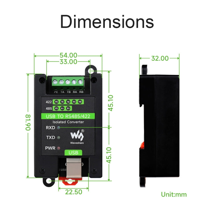 Waveshare 23949 Convertisseur Isolé USB vers RS485/422, FT232RL et SP485EEN, 23949