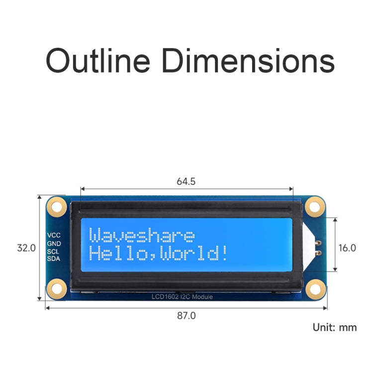 Waveshare 23991 LCD1602 I2C Module, White with Blue Background, 16x2 Characters, 3.3V/5V, 23991