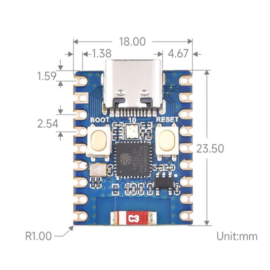 Waveshare 2.4GHz ESP32-C3 Mini Development Board, Based ESP32-C3FN4 Single-core Processor, without Header, with Header