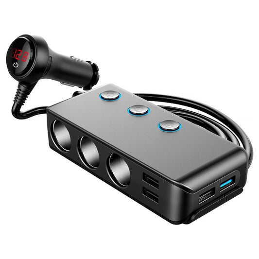 Chargeur de voiture allume-cigare 3 ports USB + 1 QC3.0 + 3 ports allume-cigare + design avec clip arrière + affichage LED, HC67A