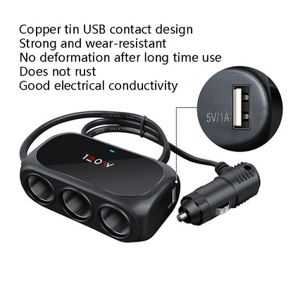 Car Charger Cigarette Lighter 1 In 3 Mobile Phone USB Car Charger, White, Black