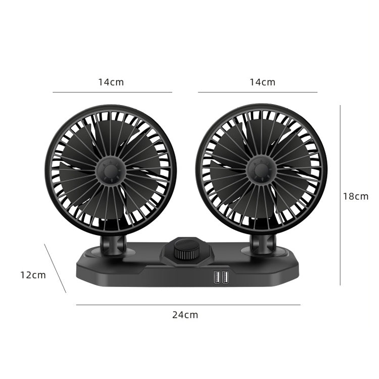 F558 Ventilateur de voiture avec chargeur de téléphone USB 12/24V, double tête 12V, double tête 24V
