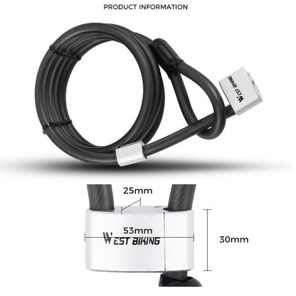 WEST BIKING YP0705066 Lengthen Steel Cable Lock Motorcycle Mountain Bike Bicycle Anti-Theft Lock, WEST BIKING YP0705066
