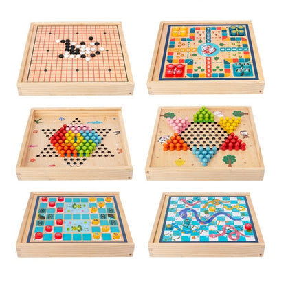 Jouet en Bois Multifonctionnel pour Enfants, Jeu de Société Interactif Parent-Enfant, Spécification de l'Ensemble : 2 en 1 Hocker + Échecs Volants, 2 en 1 Hockey + Cinq Douleurs, Échecs 4 en 1, Échecs 6 en 1, Échecs 8 en 1