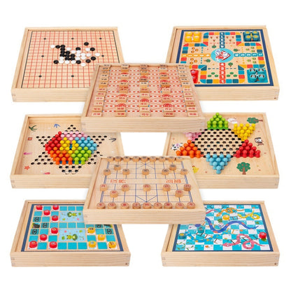 Jouet en Bois Multifonctionnel pour Enfants, Jeu de Société Interactif Parent-Enfant, Spécification de l'Ensemble : 2 en 1 Hocker + Échecs Volants, 2 en 1 Hockey + Cinq Douleurs, Échecs 4 en 1, Échecs 6 en 1, Échecs 8 en 1