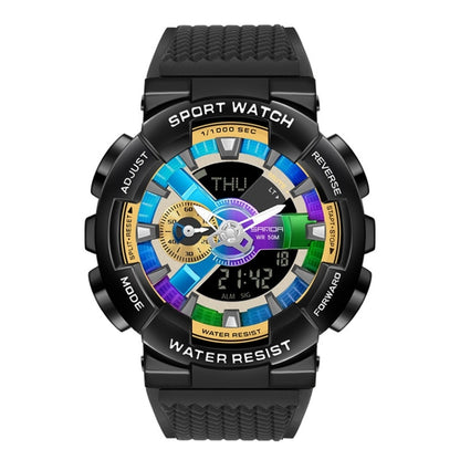 SANDA 9004 Men Symphony Dual Display Synchronous Outdoor Luminous Electronic Multifunction Watch, Black, Black Silver, Black Gold, Illusion, Black Blue, Transparent Gold, Transparent Silver
