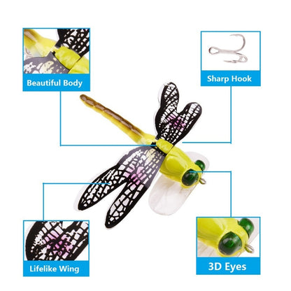 QT01 7cm / 6g Appât de pêche à la mouche longue hameçon Bionic Libellule, A (Jaune), B (Violet), C (Noir), D (Orange), E (Rouge), F (Bleu)