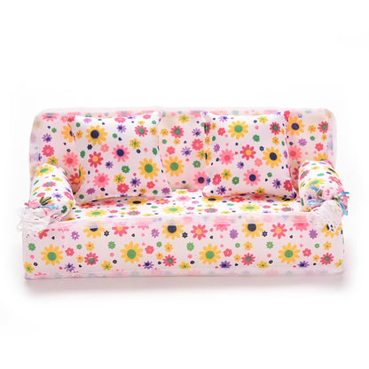 Mini Furniture Flower Sofa 20cm Couch +2 Cushions for Doll House Accessories, Doll House Accessories(Cloth sofa)
