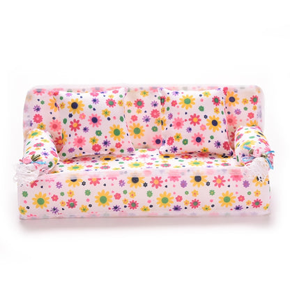 Mini Furniture Flower Sofa 20cm Couch +2 Cushions for Doll House Accessories, Doll House Accessories(Cloth sofa)
