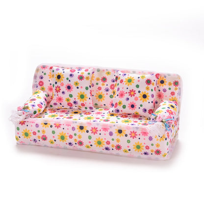 Mini Furniture Flower Sofa 20cm Couch +2 Cushions for Doll House Accessories, Doll House Accessories(Cloth sofa)