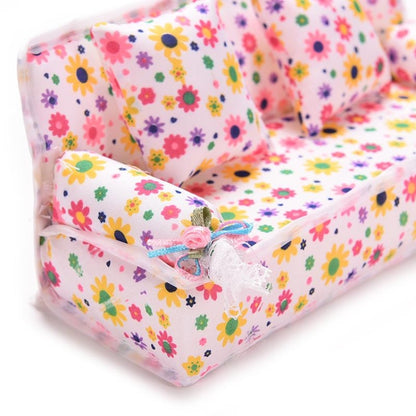 Mini Furniture Flower Sofa 20cm Couch +2 Cushions for Doll House Accessories, Doll House Accessories(Cloth sofa)