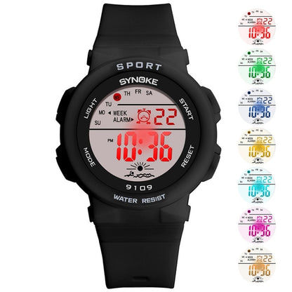 SYNOKE 9109 Montre électronique multifonctionnelle lumineuse colorée étanche pour étudiant, noir, rose, blanc, vert lac