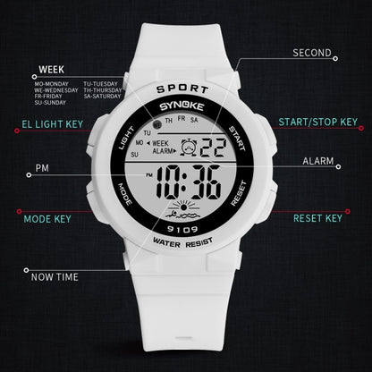 SYNOKE 9109 Montre électronique multifonctionnelle lumineuse colorée étanche pour étudiant, noir, rose, blanc, vert lac