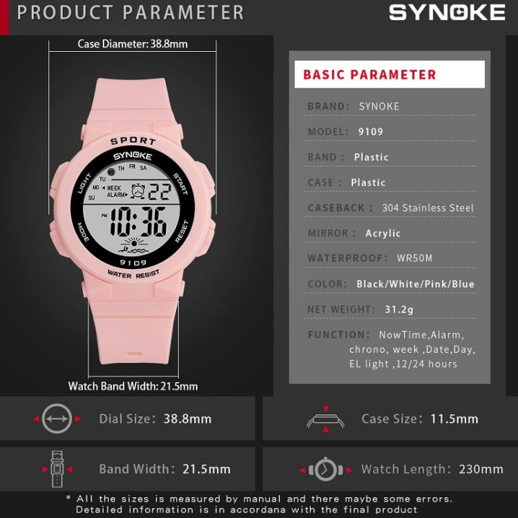 SYNOKE 9109 Montre électronique multifonctionnelle lumineuse colorée étanche pour étudiant, noir, rose, blanc, vert lac