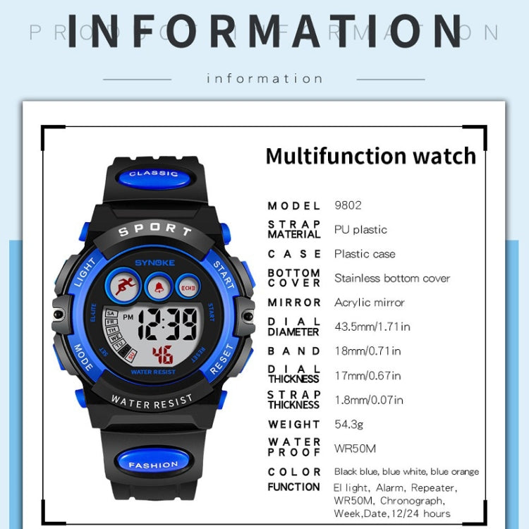 SYNOKE 9802 Montre numérique de sport étanche pour enfant, Bleu Blanc, Bleu Orange, Noir Bleu