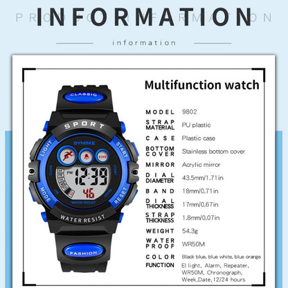 SYNOKE 9802 Montre numérique de sport étanche pour enfant, Bleu Blanc, Bleu Orange, Noir Bleu