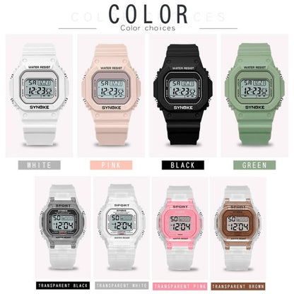 SYNOKE 9620 Montre électronique de sport pour couple avec bracelet en plastique, vert bouillon, rose adolescent, noir cool, blanc angélique, blanc transparent, noir transparent, rose transparent, café transparent